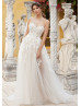 One Shoulder Beaded Ivory Lace Tulle Slit Charming Wedding Dress